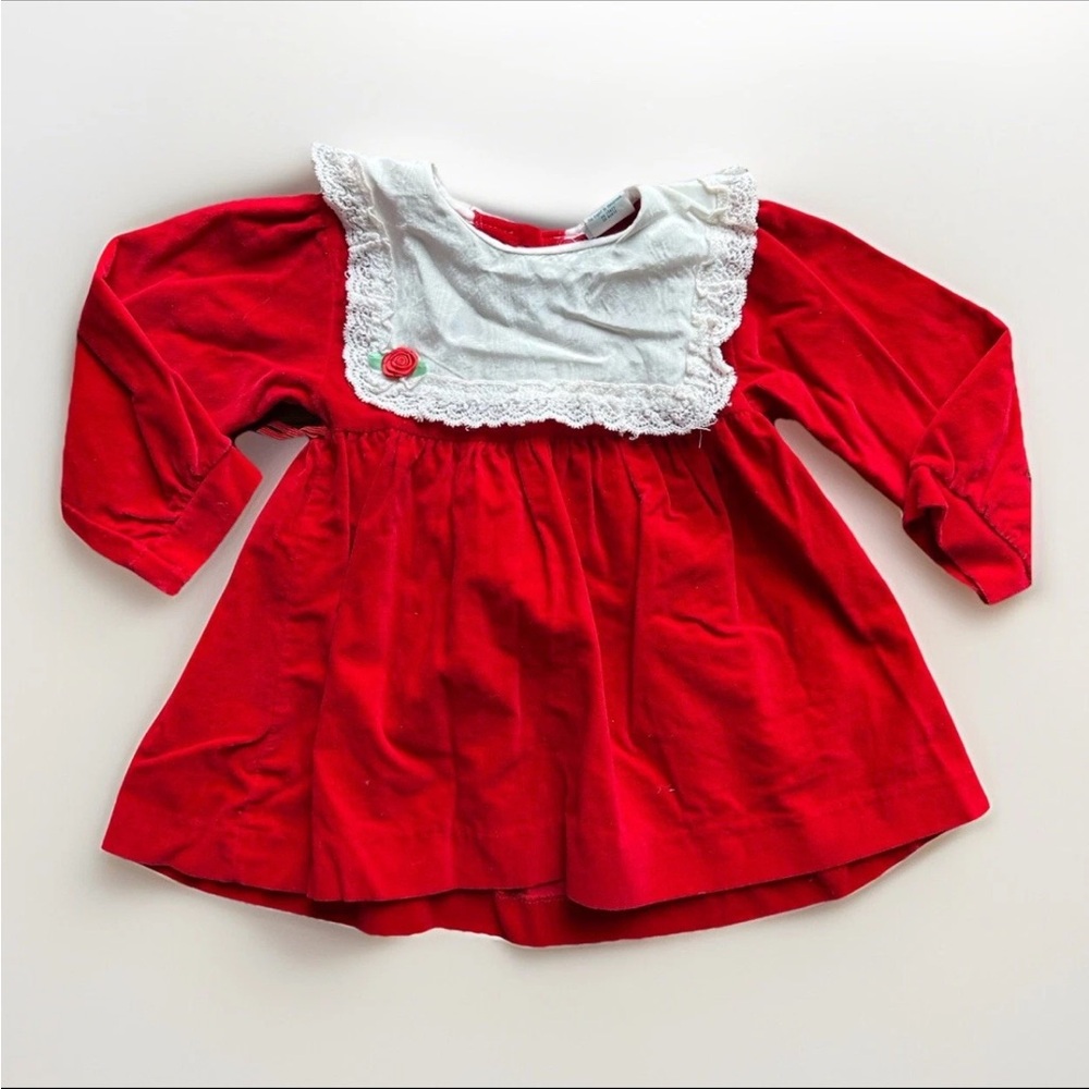 Alexis Vintage 80s Red Velvet Christmas Dress Lace Trim | Size 24 Months - Picture 3 of 6